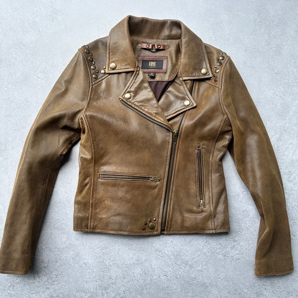 Frye Olive Brown Studded Leather Moto Jacket